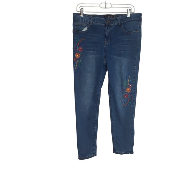 One5One Jeans Womens 10 Blue Embroidered Floral High Rise Stretch Skinny Pants - Picture 1 of 12